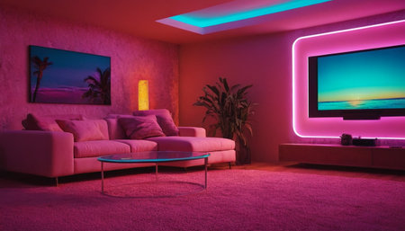 Interior of a modern living room with a pink sofa and a TVの素材