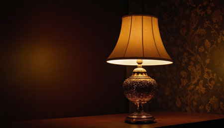Vintage lamp on the wooden table in a dark room at nightの素材