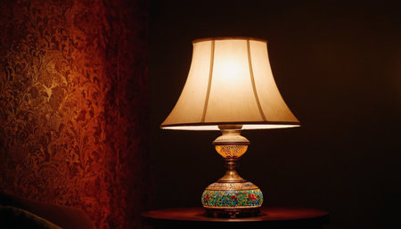 Vintage lamp on a table in a dark room. Selective focus.の素材