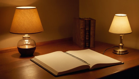 Notebook and lamp on a wooden table in the living room.の素材