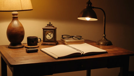 Wooden desk with lamp, book and coffee cup in the eveningの素材