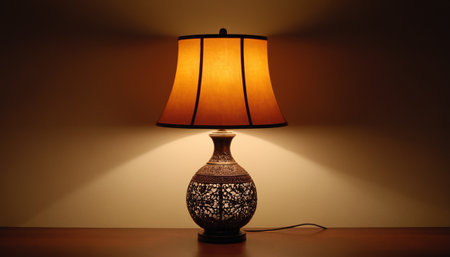Vintage lamp on wooden table in dark room with copy space.の素材