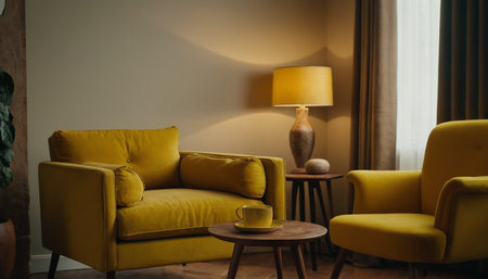 Yellow armchair and coffee table with lamp in living room interior.の素材