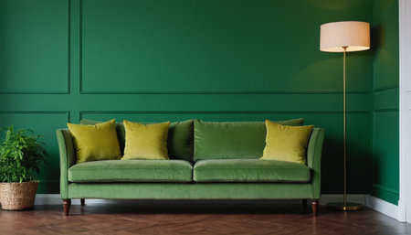 Green sofa with pillows in the living room. 3d renderの素材