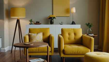 Interior of modern living room with yellow armchairs, coffee table and yellow lampの素材