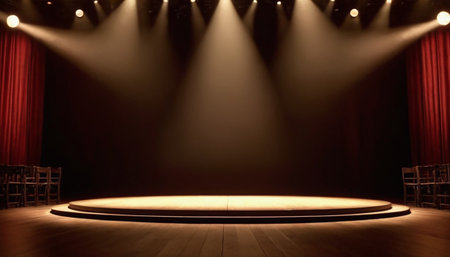 Stage with red curtains and spotlights, 3d render illustration.の素材