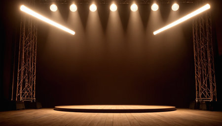 Empty stage with spotlights in dark room. 3D Renderingの素材