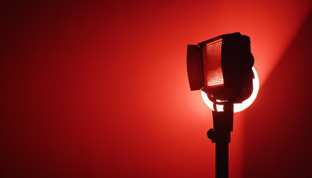Studio lighting equipment on a red background. Filtered image processed vintage effect.の素材
