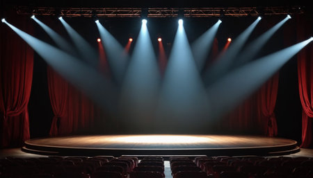 Theater stage with red curtains and spotlights, 3d renderの素材