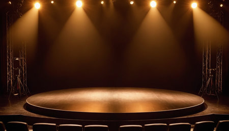 Empty stage with spotlights and spotlight. Stage background. 3d renderingの素材