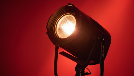 Studio lighting equipment on a red background. Studio lighting equipment on a red background.の素材