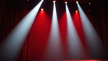 Stage Spotlight with Red Curtain, Stage Spotlight and Light Effects.の素材