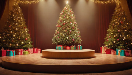 Christmas tree with presents on the wooden podium in the interior of the roomの素材