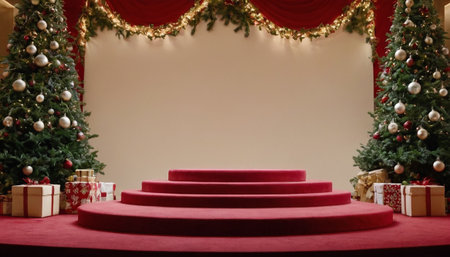 red carpet with christmas tree and gift boxes on red background 3d renderingの素材