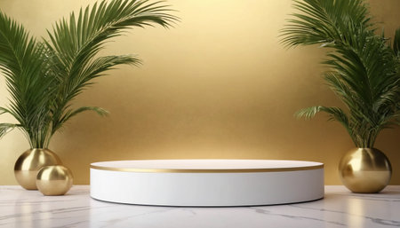 Podium and palm leaves on white marble background. 3d renderの素材