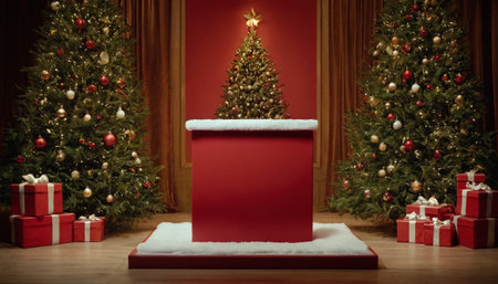 Christmas tree with presents under it in a room with a red curtainの素材