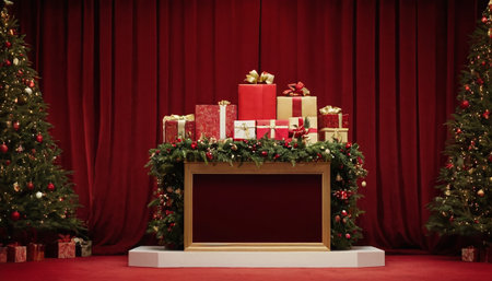 Red velvet curtain with christmas tree and gift boxes, 3d renderの素材