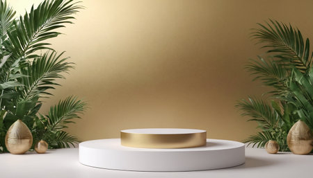 3d render, abstract minimal scene with golden podium and tropical plantsの素材