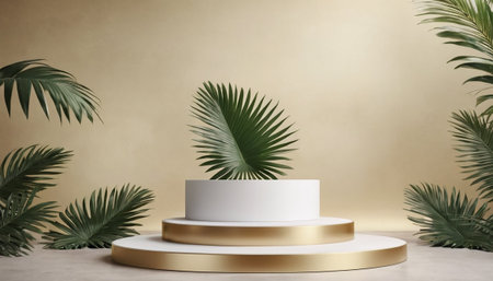 3d render of minimal product display podium with tropical palm leaves.の素材