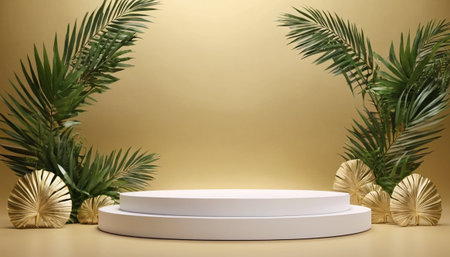 3d render of white podium and palm leaves on yellow background.の素材