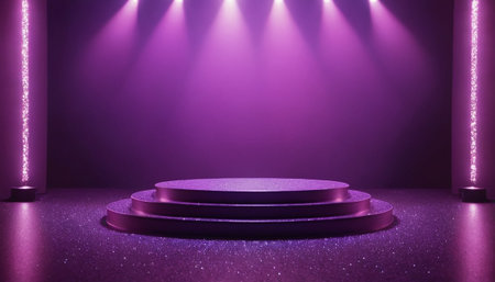 Abstract scene podium illuminated by spotlight. Award ceremony concept. 3D Renderingの素材