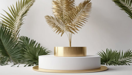 3d render of golden podium for product display with tropical palm leavesの素材