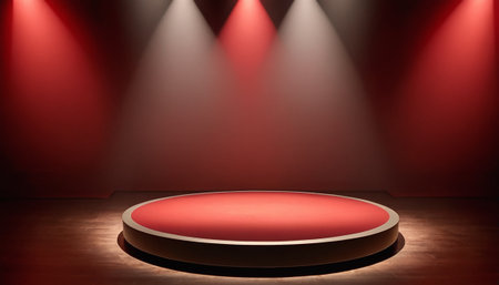 Red podium illuminated by spotlights in dark room. 3D renderingの素材