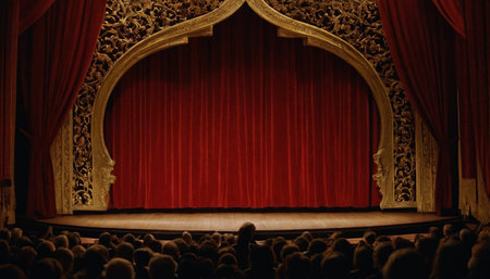Theater stage with red curtains and spotlight. 3d rendering.の素材