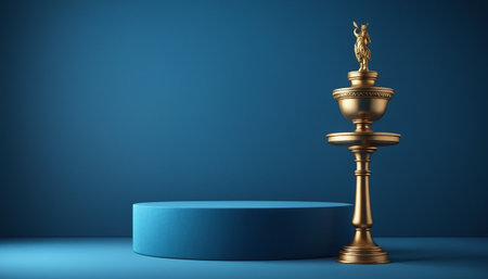 Blue pedestal with golden trophy on blue background. 3D renderingの素材