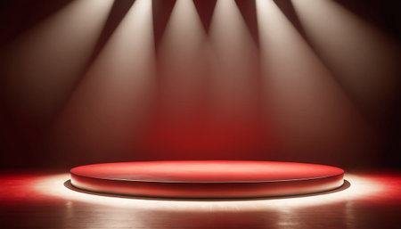 Scene with red podium for mock up presentation in minimalism style, 3d renderの素材