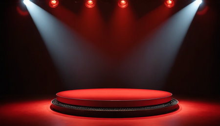 Stage podium illuminated with spotlight. Award ceremony concept. Stage backdrop. 3d renderの素材