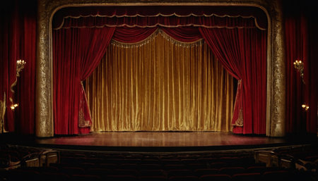 Theater stage with red curtains and spotlights, close-upの素材
