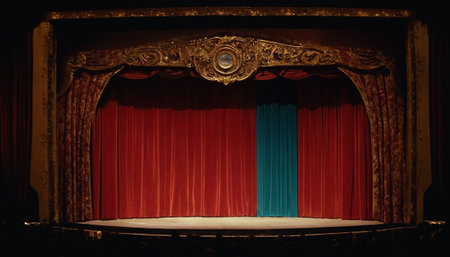 theater stage with red curtains and blue drapery on the stageの素材