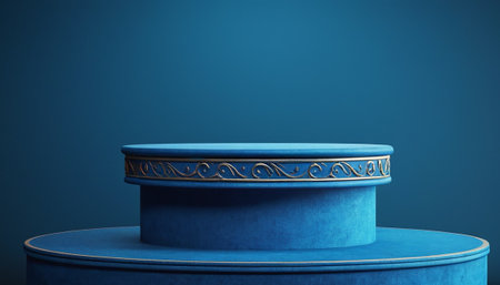 Blue pedestal on blue background, 3d rendering. Computer digital drawing.の素材