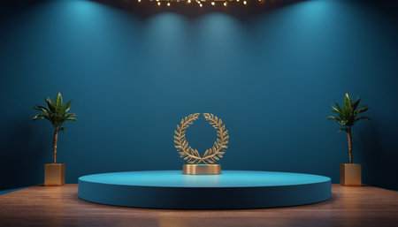 Blue round podium with gold laurel wreath on blue wall background. 3D renderingの素材