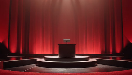 Stage with red curtains, podium and spotlights. 3d renderの素材