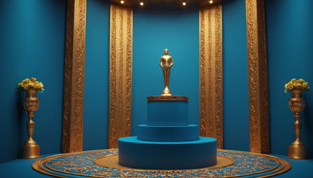 3D rendering of a blue podium with a golden statue on itの素材