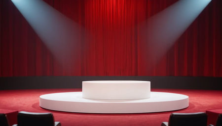 Stage podium with red curtains and spotlights. 3D Renderingの素材