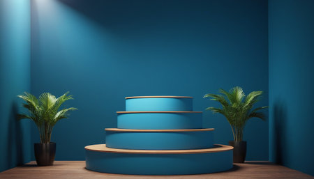 Blue room with stairs and plants, 3d rendering. Computer digital drawing.の素材
