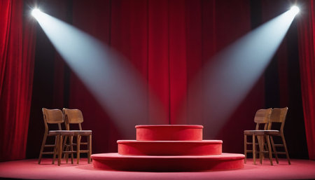 Stage with red curtains, chairs and spotlights. 3d renderの素材