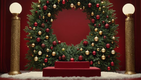 3d rendering of a red podium with a christmas wreathの素材
