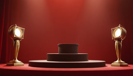 Scene with red podium for Award Ceremony illuminated by spotlight. Award ceremony concept. 3D renderの素材