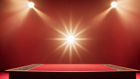 Red carpet and spotlights on a red background. 3d renderingの素材