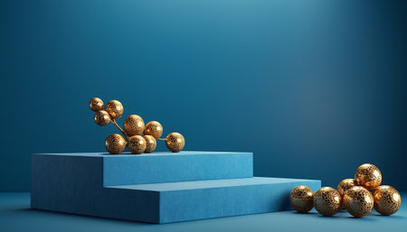 3d render of blue pedestal with golden balls on blue backgroundの素材