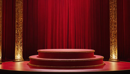 Red podium and red curtains background. 3d render, 3d illustrationの素材