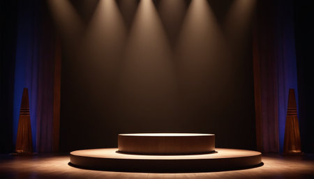 Scene with podium, Stage Podium Scene with for Award Ceremony illuminated by spotlights. 3d renderの素材