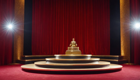 Stage with red curtains and golden pedestal. 3D rendering.の素材