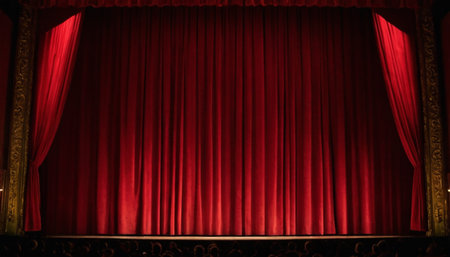 Red theater curtain background with copy space for text. Theater stage with red curtains.の素材