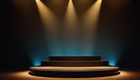 Stage podium illuminated with spotlight. Award ceremony concept. 3D Renderingの素材