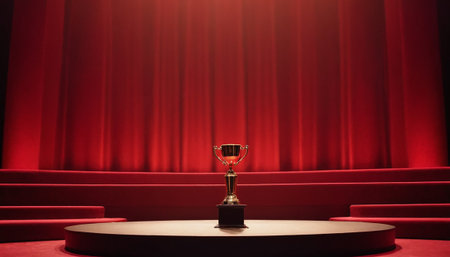 Stage with red curtains and trophy. Award ceremony concept. 3D Renderingの素材